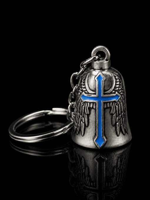 Campana Biker con cruz azul claro y alas de ángel en acero inoxidable - Jefer Store